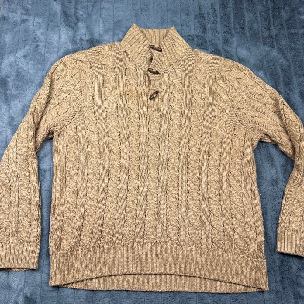Polo Ralph Lauren Mens XXL Silk Cable Knit Toggle Mock Neck Sweater Tan Camel